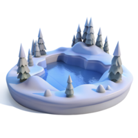 Isometric scene of frozen lake surround with snow covered pines trees. Winter theme design element png