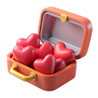 Open suitcase full of red hearts 3d illustration isolated on the transparent background png