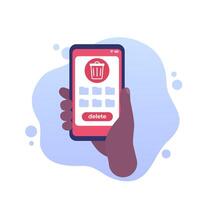 delete file folders, smart phone in hand vector