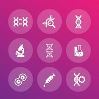 genetics icons set, dna chains, experiments, genetic modification, research vector