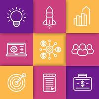 startup line icons set, idea, team, product launch, funding, initial capital, contract, target market vector