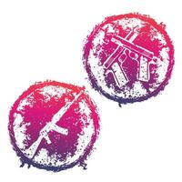 grunge round emblems, t-shirt prints with crossed pistols and assault rifle over white vector