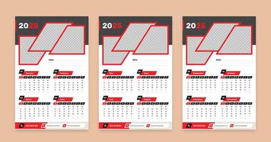 Modern abstract dark red wall calendar for the year 2025 with image placeholders, Week starts on sunday vector