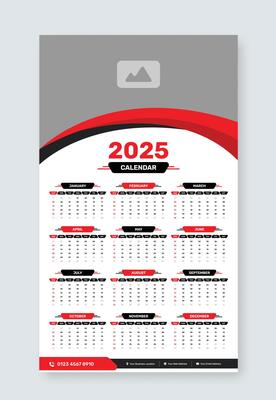 Modern single page wall calendar template for 2025 with cover image placeholder, Week start on sunday