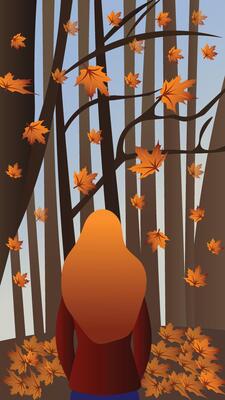 Autumn Forest. Defoliation. Girl with long hair is looking at falling leaves