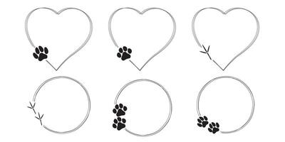 Set of cute hand drawn heart shape and round frames with cat, dog and bird paw print. Pet paw quote speech bubble. vector