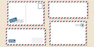 Postcard envelope template set. Greeting card stamps postal services red blue frame fast delivery air ships stylish retro design empty blank graphic template. vector