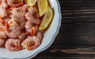 Boiled king prawns in deep bowl with lemon close up view on dark table photo
