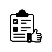 A black and white icon of a clipboard with a thumb up vector
