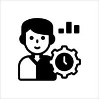 A black and white icon of a man holding a clock vector