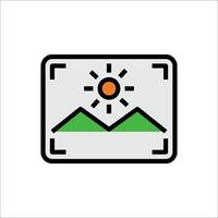 A camera with a sun and mountains in the background vector