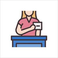 A woman holding a credit card in front of a desk vector