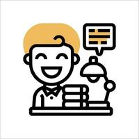 A man is sitting at a desk with a book and a speech bubble vector