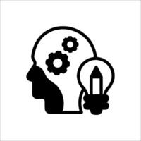 A black and white silhouette of a head with gears and light bulb vector