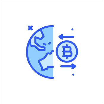 Bitcoin icon with a globe and arrow vector