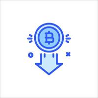 Bitcoin icon with a blue arrow pointing down vector