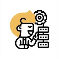 A man is holding a gear wheel and pointing to it vector
