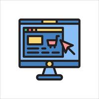 A computer monitor with an arrow pointing to a shopping cart icon vector