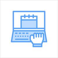 A hand is holding a laptop and pressing a button vector