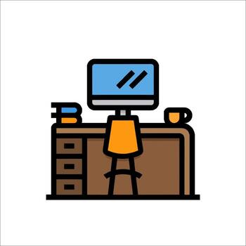 Office desk with computer monitor and chair vector