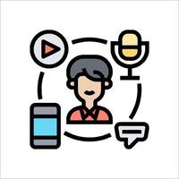 A person with a microphone and a phone in front of a microphone icon vector