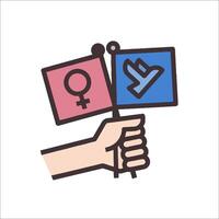 Two hands holding two flags with the symbol of a woman and a man vector