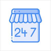 A blue and white icon with the number 24 and a shop vector