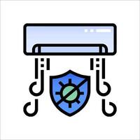 A blue and white icon of a security shield and a computer vector