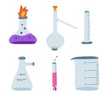 Cute cartoon set with empty and full of chemical solution laboratory beaker. Flat-bottomed, round flask, glassware, tube for scientific experiment, chemistry test. Hand drawn lab equipment isolated. vector