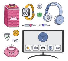 Cute colored doodle set with entertainment smart devices controlling via mobile phone. Hand drawn virtual AI voice assistant, smart TV, wireless headphones. Intelligence machine to get multimedia. vector