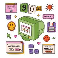 Groovy doodle Y2k set with technology symbols from 90s, 00s. Retro aesthetic clipart of old PC, window interface, buttons, vintage floppy disk. Nostalgia for 1990s vibe collection isolated on white vector