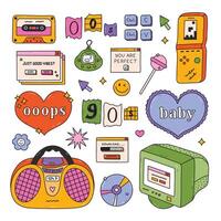 Groovy doodle hand drawn Y2k set with symbols from 90s, 00s. Retro outline aesthetic clipart of vintage radio, electronic toy, Oops heart, old PC, cassette tape, yin yang. Nostalgia for 1990s vibe. vector