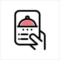 A hand holding a phone with a red and black icon vector