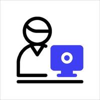 A person sitting at a computer with a monitor vector