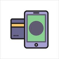 A smartphone and credit card are shown in a flat line vector
