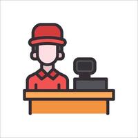 A man in a red hat is sitting at a desk vector