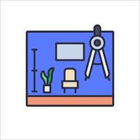A room with a desk, chair, and a camera vector