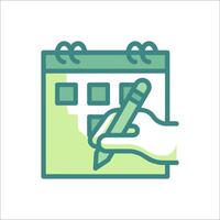 A hand holding a pen and a calendar icon vector