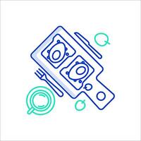 A blue line icon of a grill and a fork vector