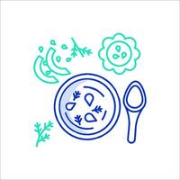 A blue line drawing of a bowl of soup and spoon vector