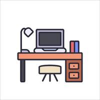 Computer desk with lamp and books on white background vector