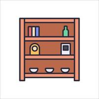 A shelf with books and other items on it vector