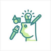 A green and white icon of a person with a light bulb in their head vector