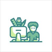 A man sitting at a computer with a computer mouse and other tools vector