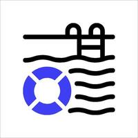 A blue and white icon of a life preserver and a boat vector