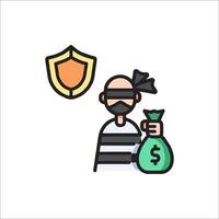 A man in a mask holding a bag of money and a shield vector