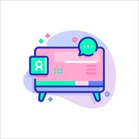 A flat line icon of a computer with a chat bubble vector
