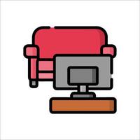 A red couch and a computer monitor on a white background vector