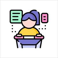 A girl sitting at a desk with a computer and a note vector