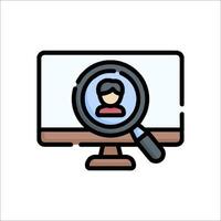 A magnifying glass icon with a person looking at a computer screen vector